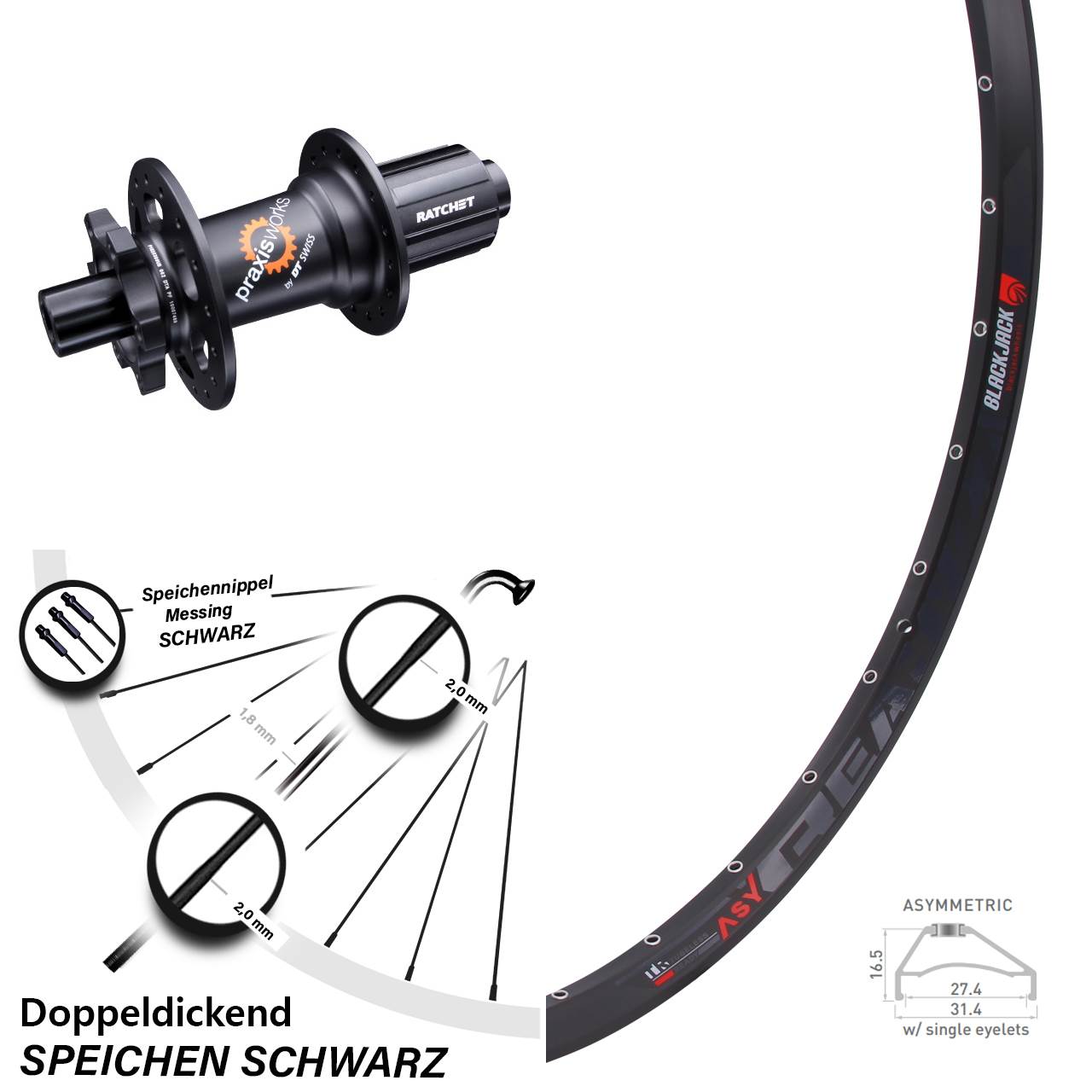 DT Swiss 350 SL Ratchet 36 TA 12x142 mm 27,5 Zoll Hinterrad Rodi Ready 27-584 8-11 fach