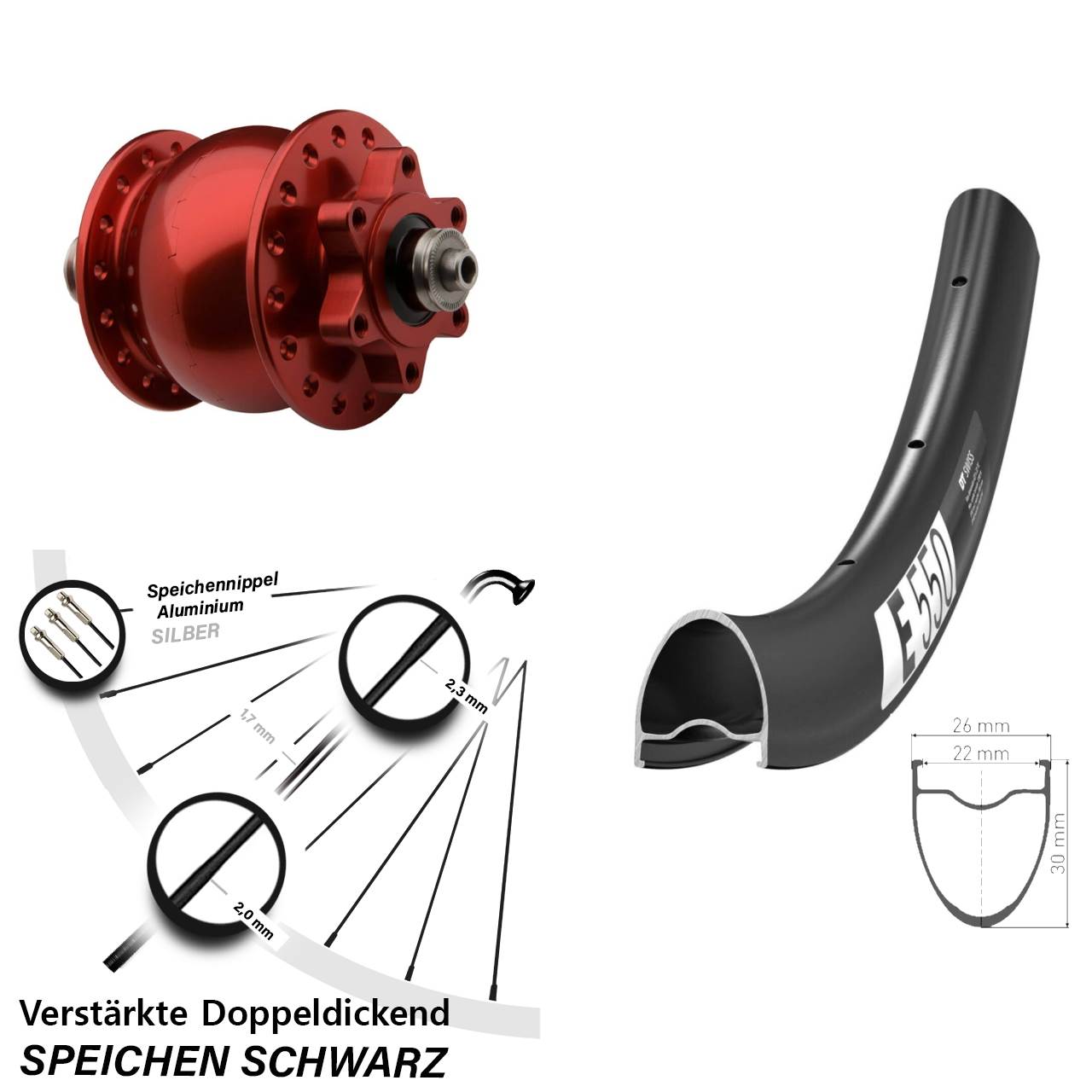 DT Swiss E 550 roter SON 28 Zoll 6-Loch Nabendynamo-Vorderrad für Schnellspanner