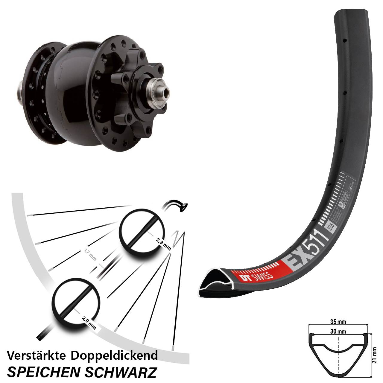SON 28 DT Swiss EX511 29 Zoll Disc Laufrad mit Nabendynamo für Schnellspanner