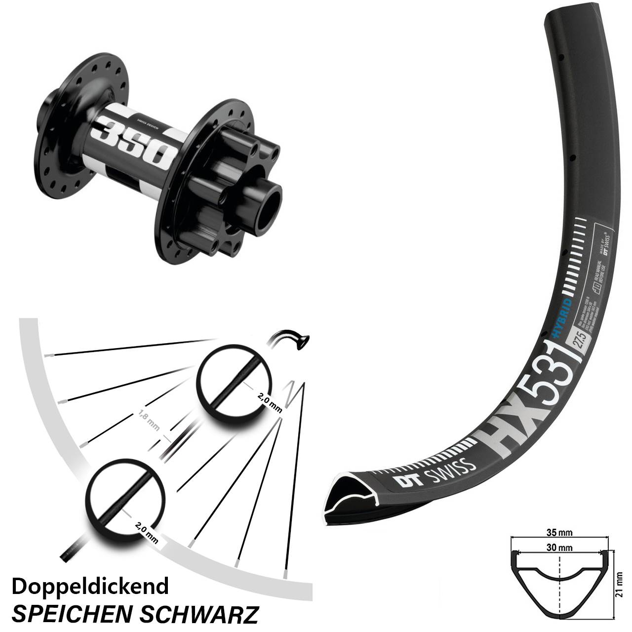 Vorderrad 29 Zoll DT Swiss HX 531 350 Boost 6-Loch schwarz