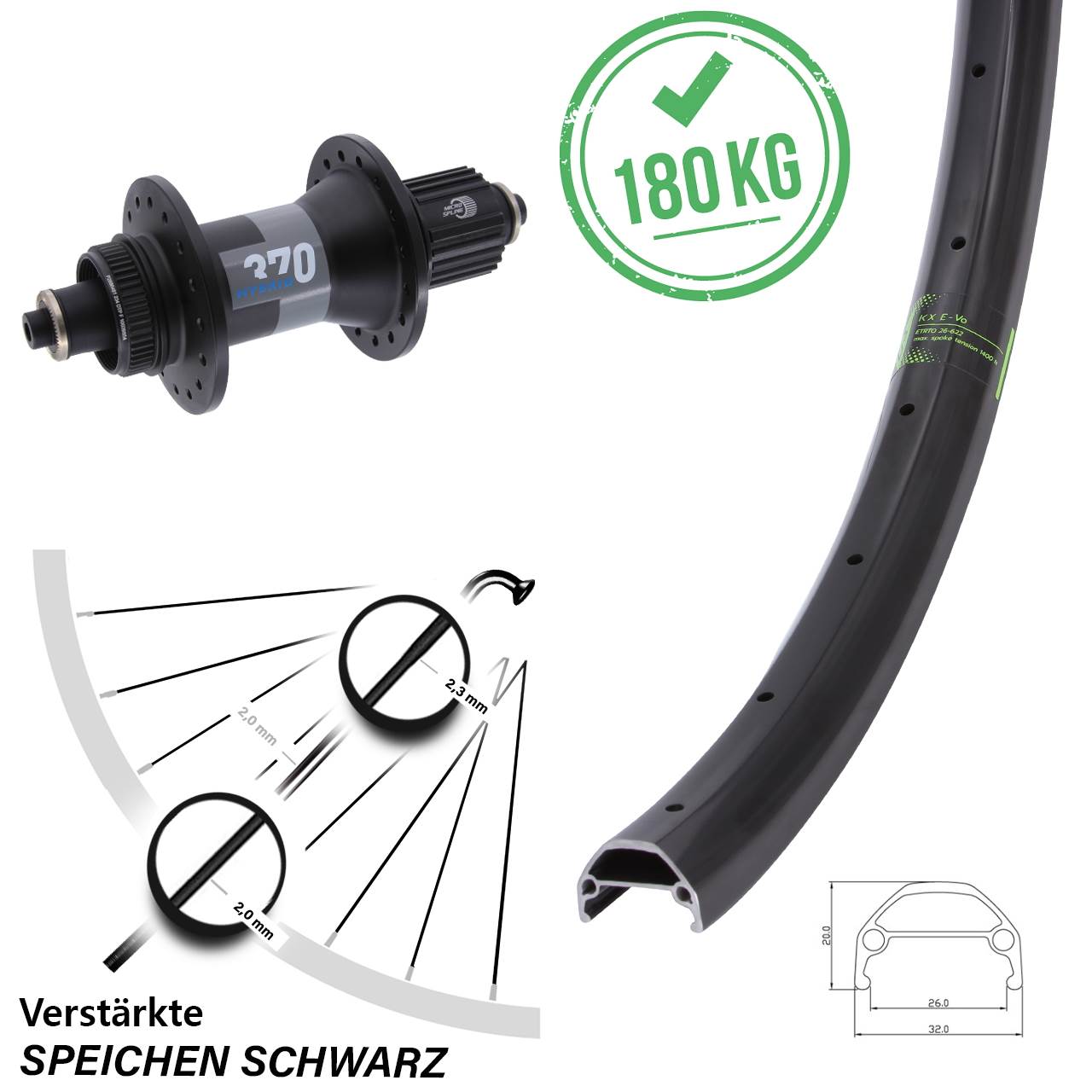 Boost Disc Hinterrad QR 26 Zoll KX Evo DT Swiss 370 Hybrid Shimano Micro Spline