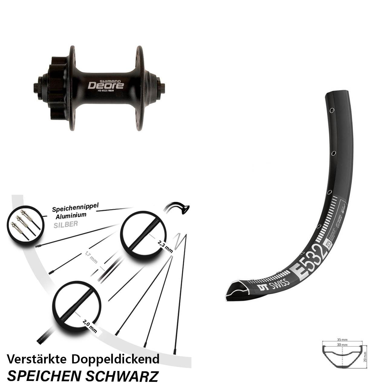 29 Zoll DT Swiss E 532 Shimano Deore 6-Loch Vorderrad für Schnellspanner