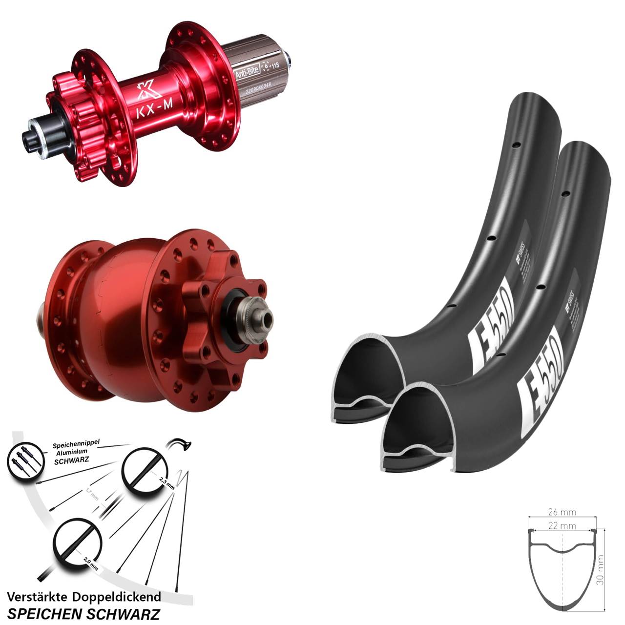 SON 28 Zoll DT Swiss E550 KX-M rot Disc 6-Loch Laufradsatz für Schnellspanner 8-12 fach HG