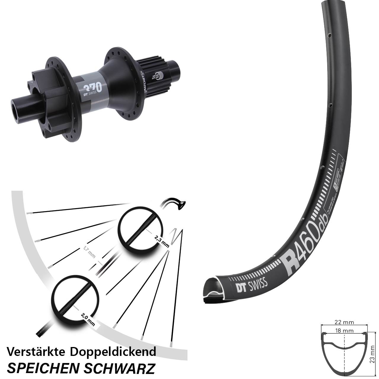 Hinterrad 6-Loch 28 Zoll DT Swiss R 460-370 Micro Spline 12x142
