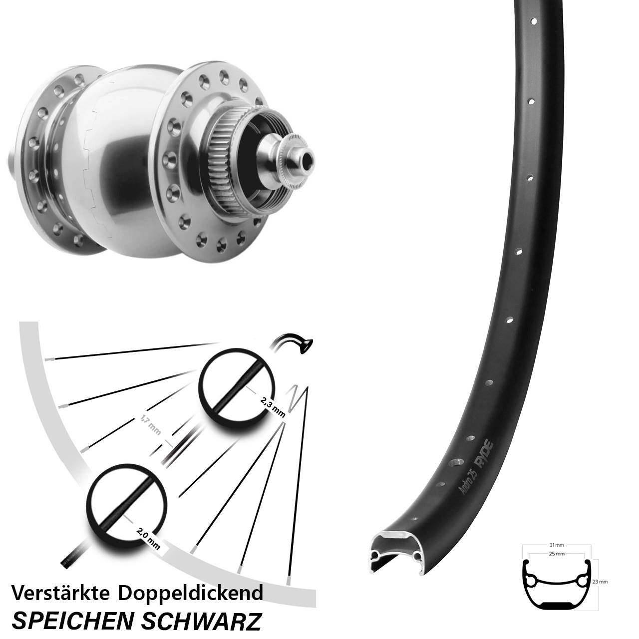 Centerlock Dynamo-Vorderrad QR 28-29 Zoll Ryde Andra 25 SON 28