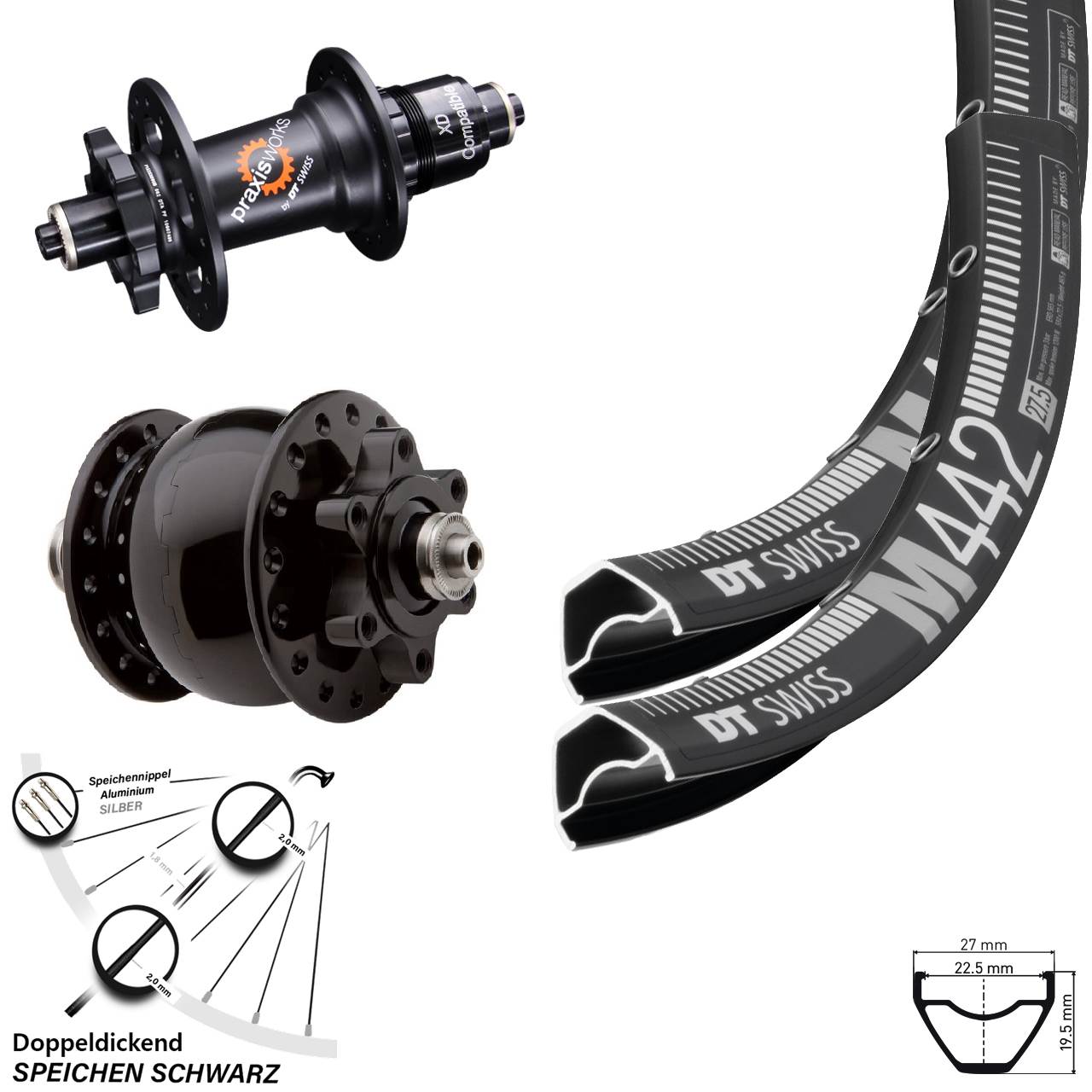 Laufradsatz 29 Zoll DT Swiss M 442-350 SON 28 Disc 6-Loch Sram XD QR