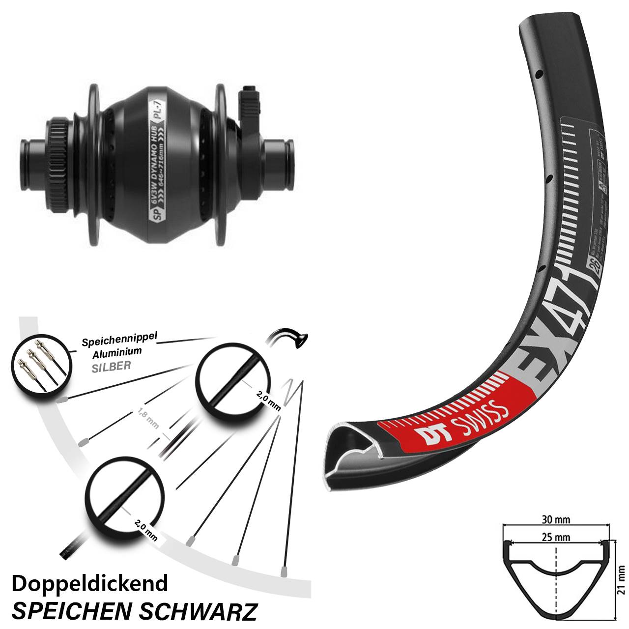 Disc Nabendynamovorderrad 26 Zoll DT Swiss EX 471 Shutter PL-7 12x100
