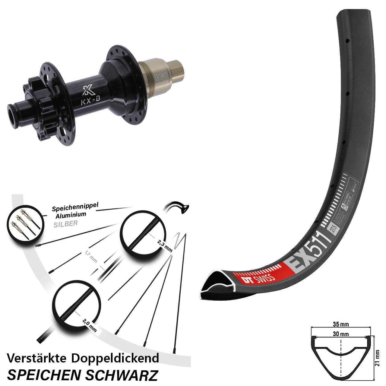 27,5 Zoll DT Swiss EX 511 KX-B Boost Disc Hinterrad 12x148 SRAM XD