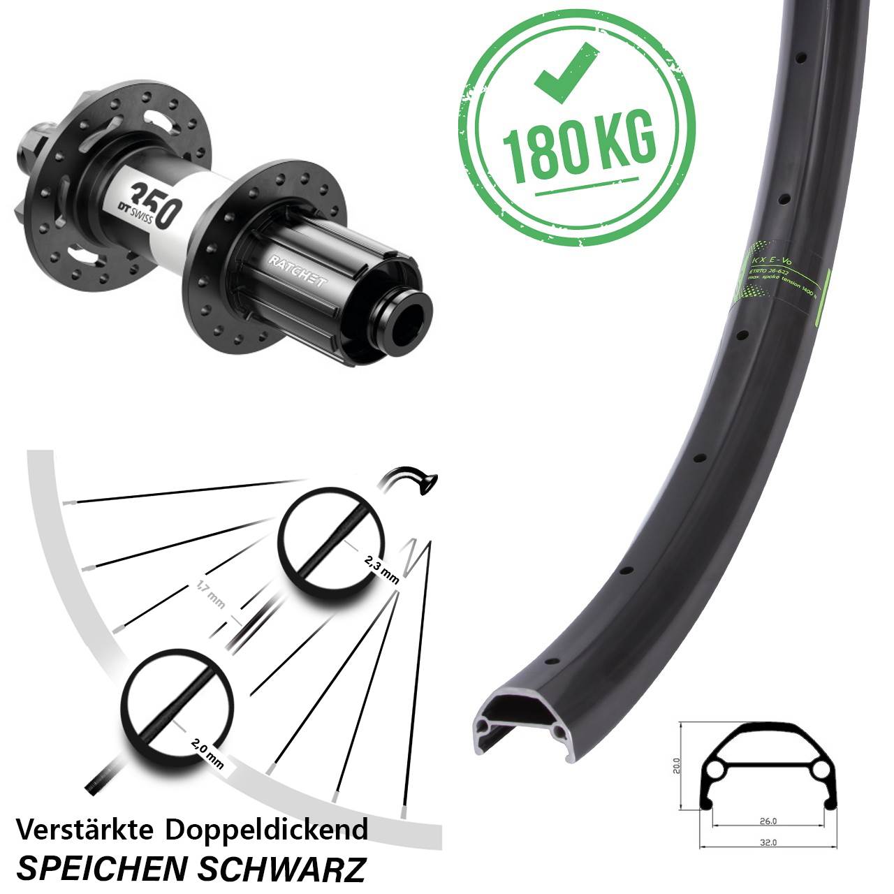 26 Zoll KX Evo DT Swiss 350 6-Loch Hinterrad 12x142 8-11 fach HG
