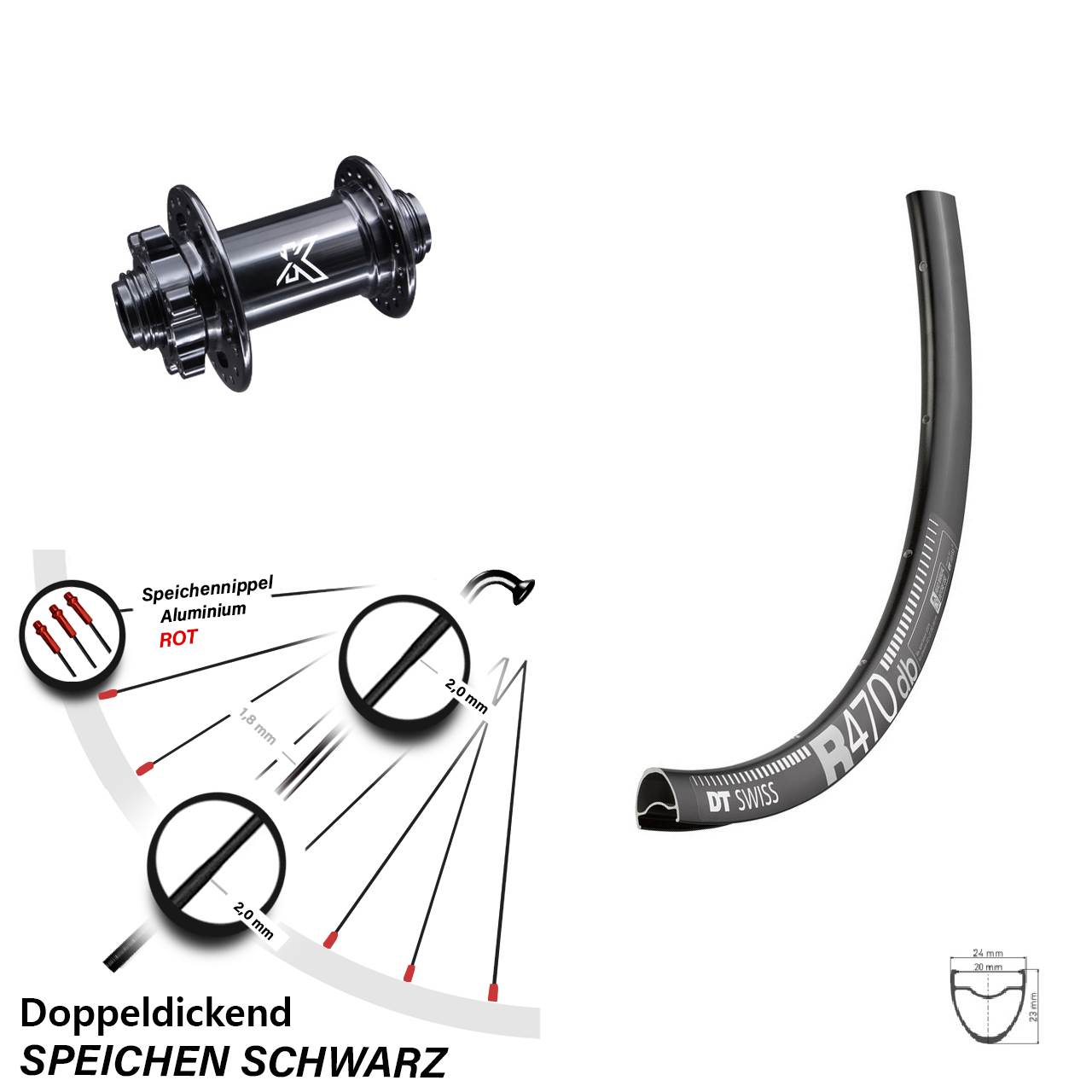 DT Swiss R 470 DB Vorderrad 28 Zoll KX-M 6-loch 12x100