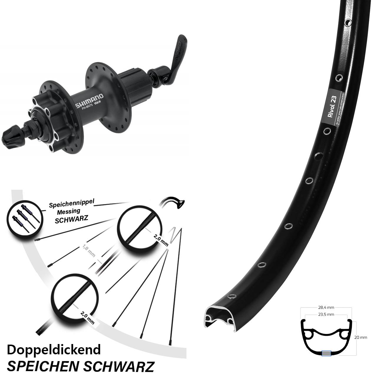 650B Ryde Rival 23 Shimano FH-M475 Disc Laufrad QR 8-11 fach HG