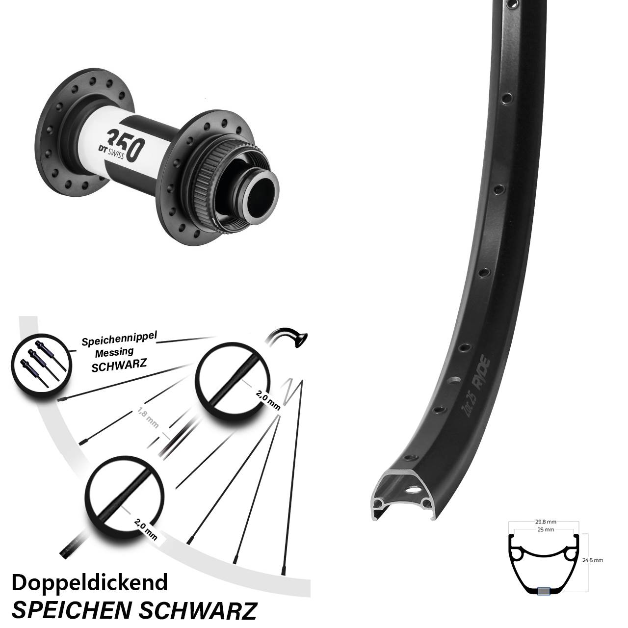 Ryde ZAC 25 DT Swiss 350 28 Zoll Disc Laufrad 15x110 Boost