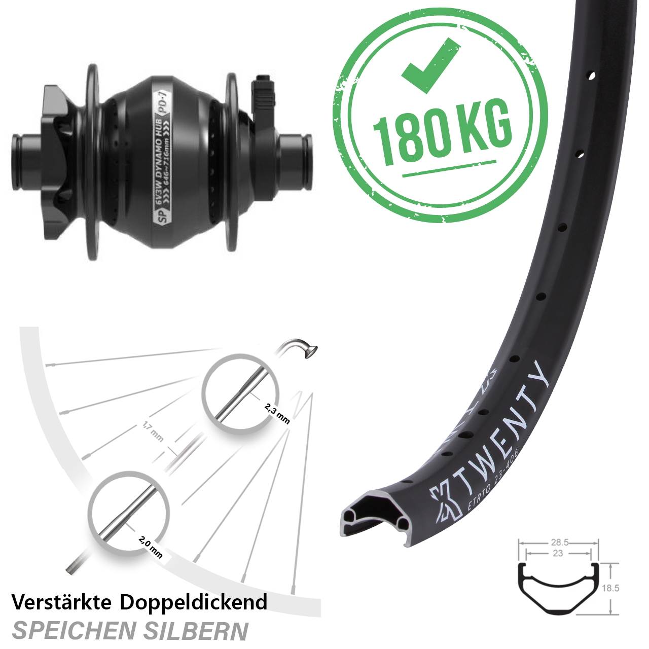 Shutter Precision KX Twenty 20 Zoll Disc Laufrad mit Nabendynamo 12x100