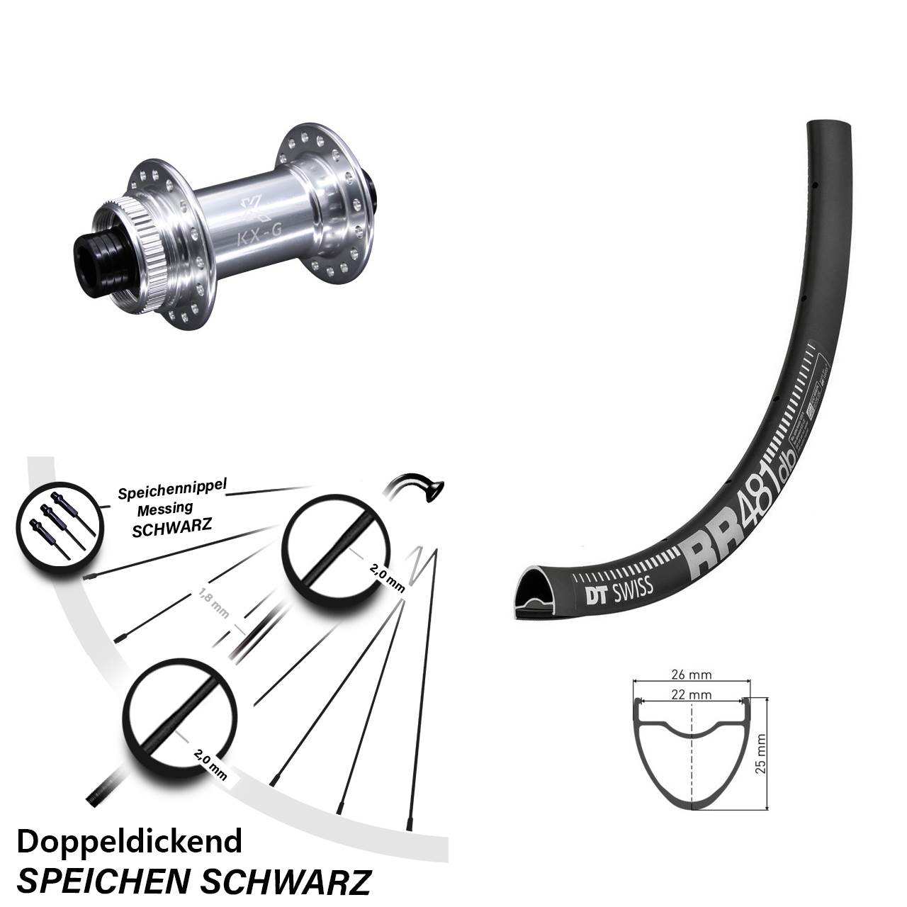 28 Zoll Vorderrad DT Swiss RR 481 KX-G silbern Steckachse 12x100 mm