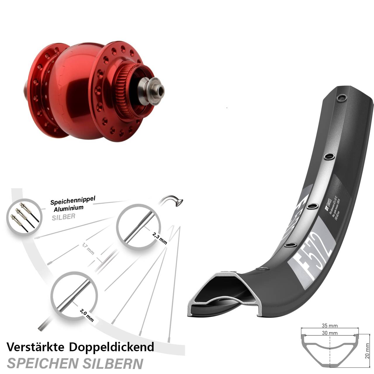 Disc Laufrad mit Nabendynamo QR 29 Zoll DT Swiss F572 SON 28 rot