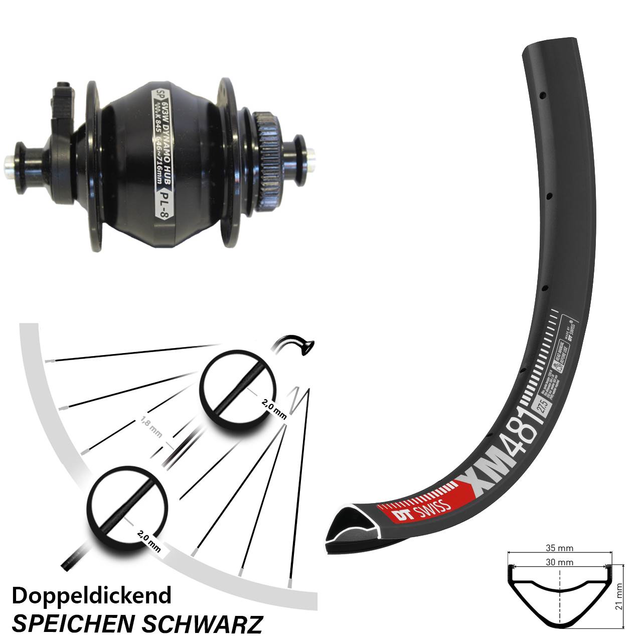 Disc Nabendynamo-Laufrad 27,5 Zoll DT Swiss XM481 Shutter PL-8 für Schnellspanner