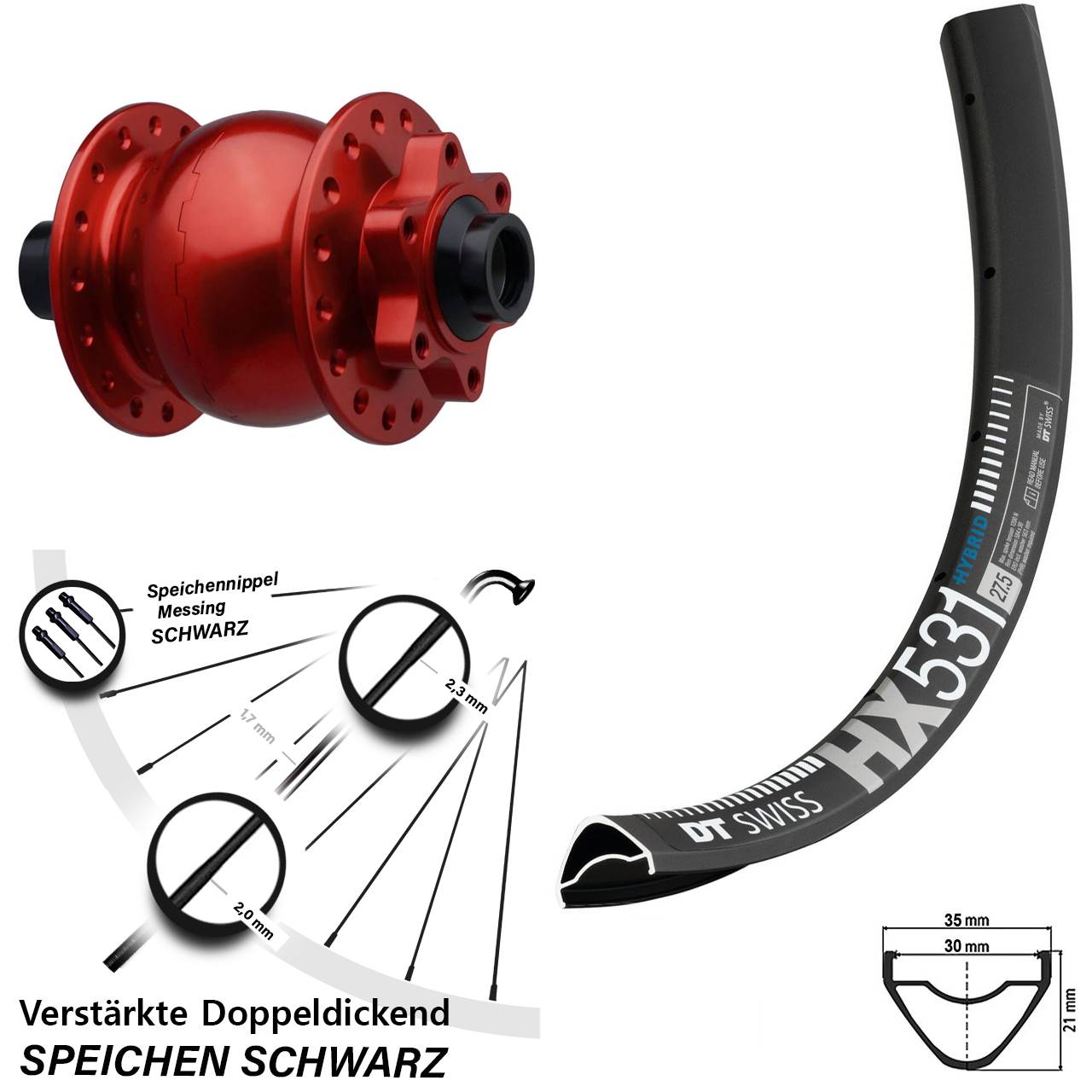 SON 28 rot DT Swiss HX 531 29 Zoll Vorderrad mit Nabendynamo 6-Loch 15x110 Boost
