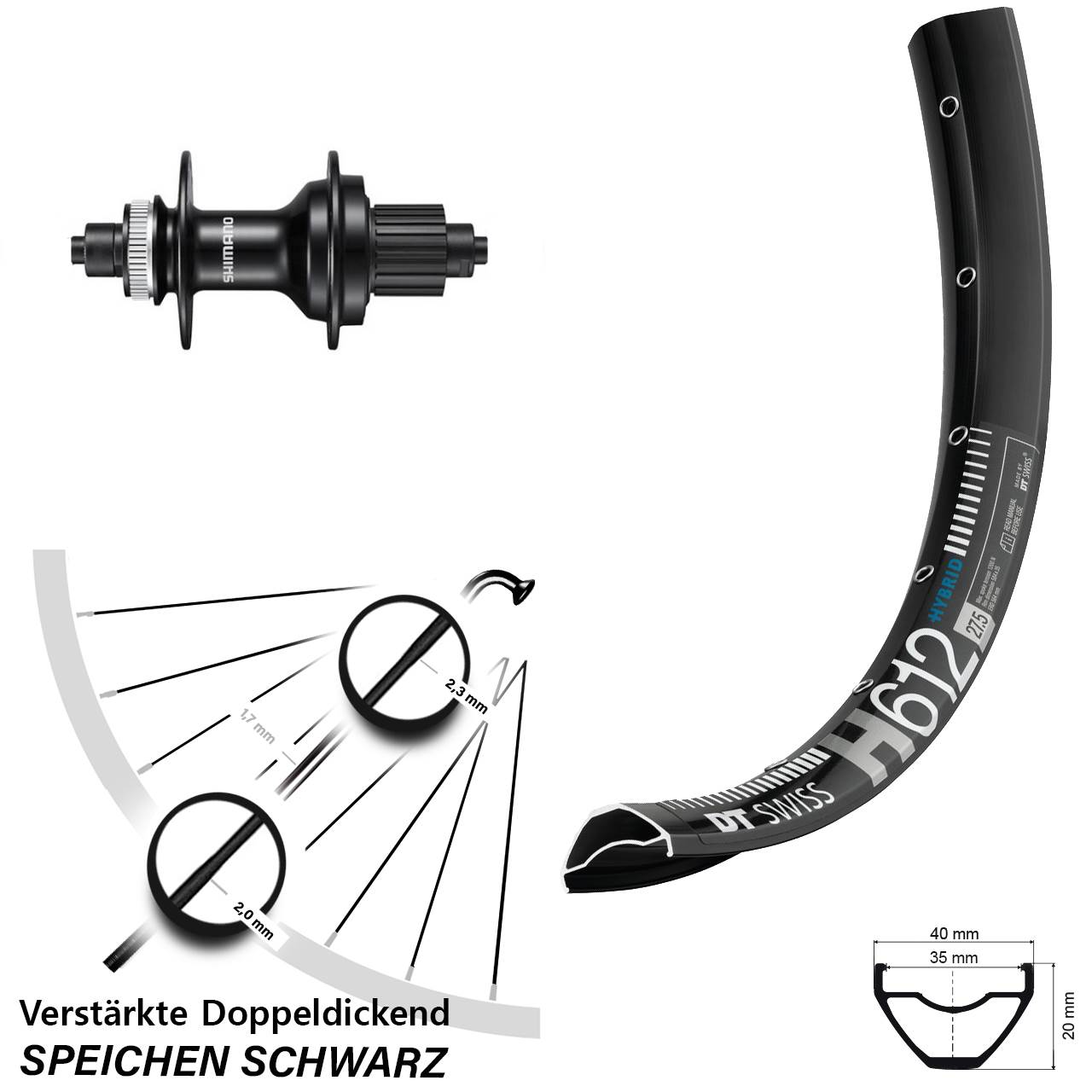 DT Swiss H 612 Shimano MT500 27,5 Zoll Laufrad für Schnellspanner Micro Spline