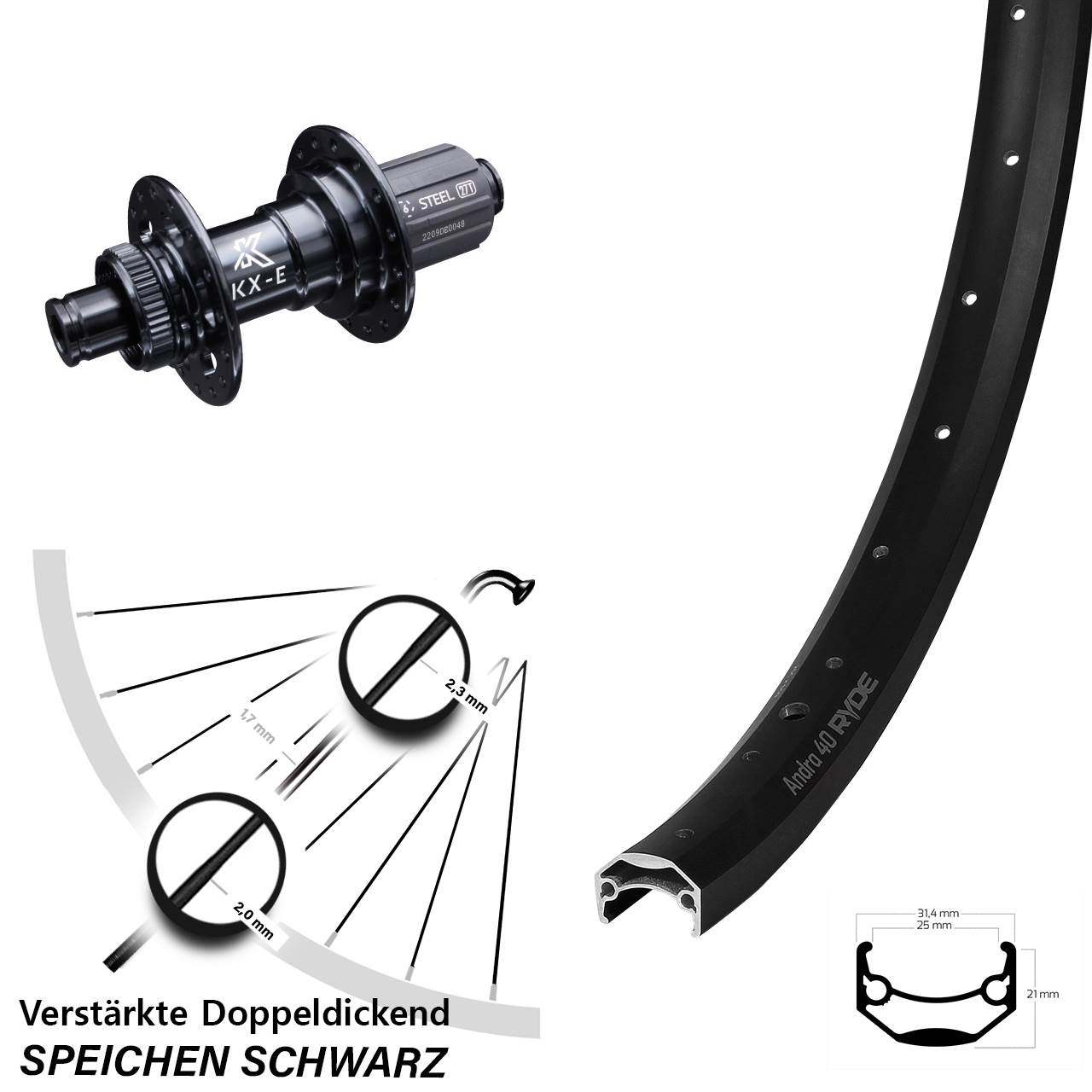 27,5 Zoll Hinterrad KX-E Nabe 12x142 mm Centerlock 8-12 fach Ryde Andra 40 Disc