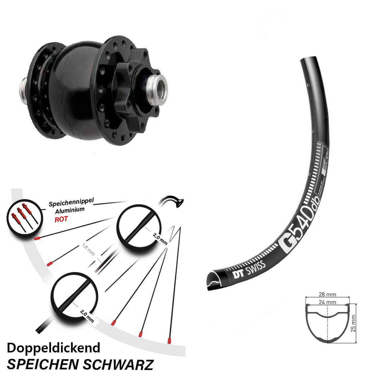 28-29 Zoll Vorderes Rad mit Nabendynamo DT Swiss G 540 Son 28-12