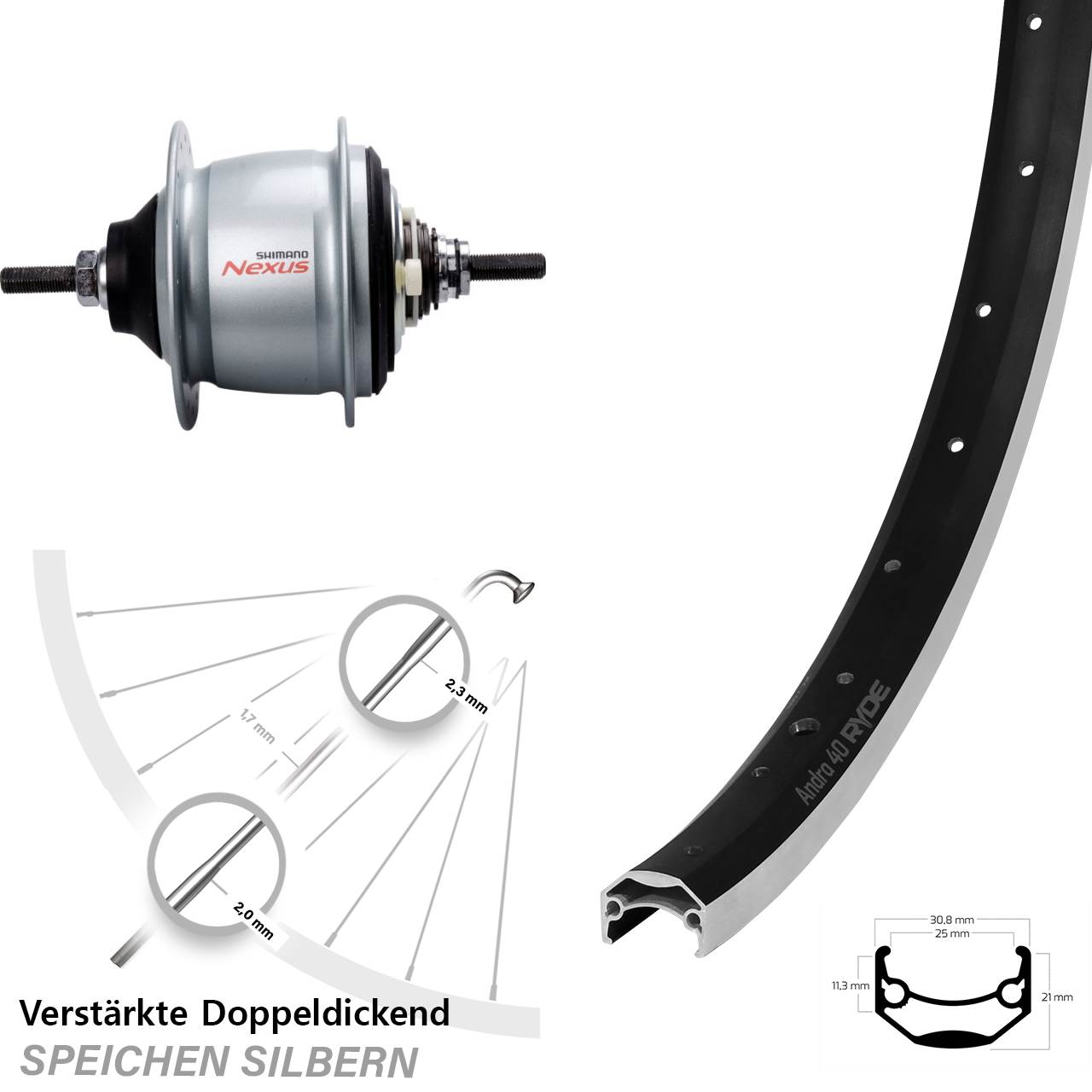 20 Zoll Ryde Andra 40 Shimano Nexus 8 Gang Hinterrad mit Freilauf