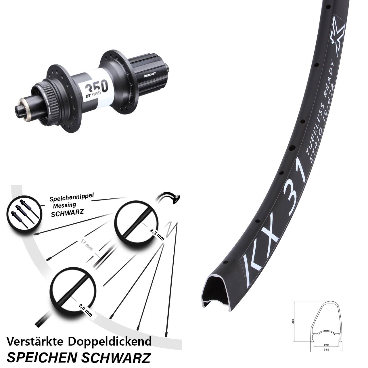 Centerlock Hinterrad QR 28 Zoll KX 31 Offset DT Swiss 350 11-12 fach HG