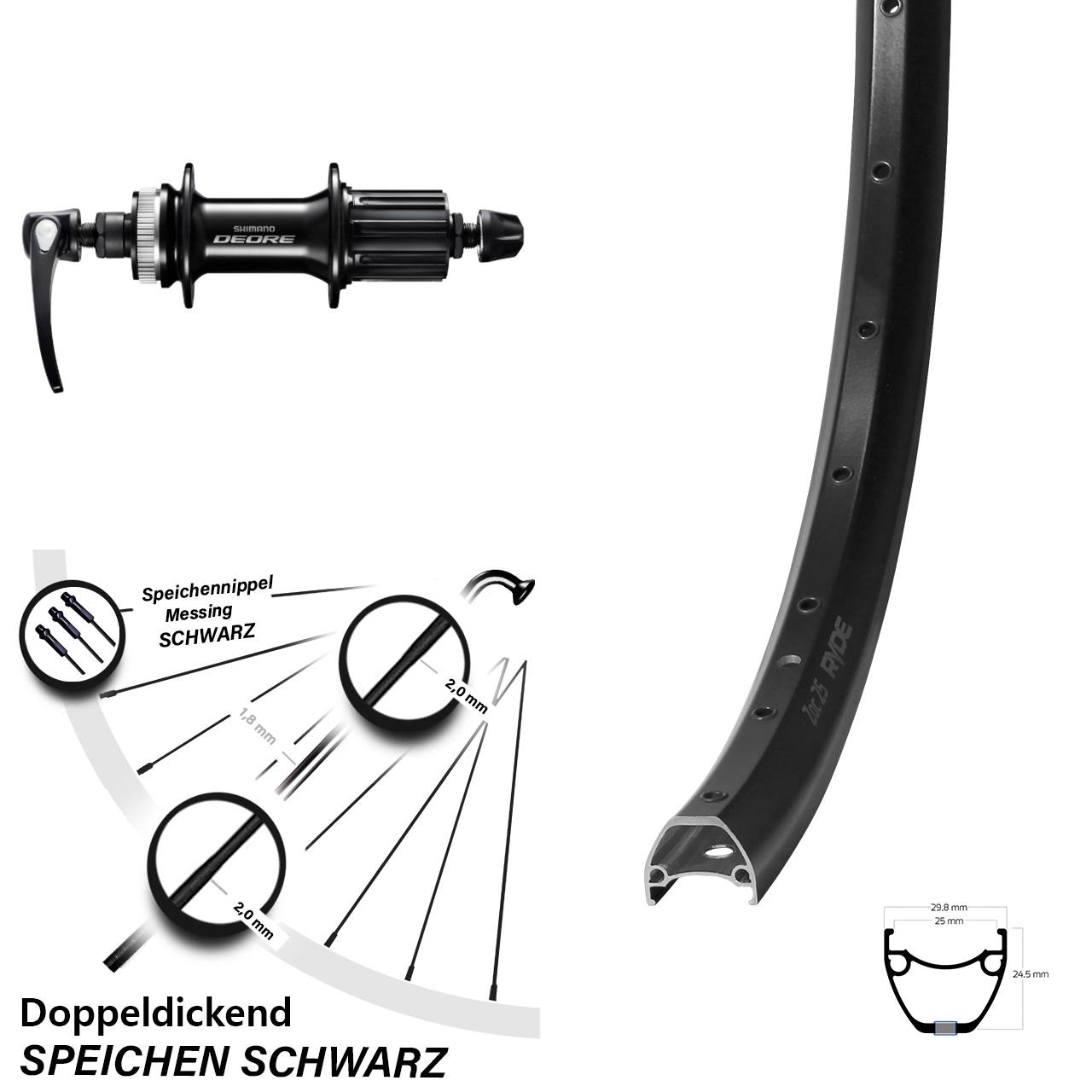 Ryde ZAC 25 Shimano FH-M6000 28-29 Zoll Disc Hinterrad QR 8-11 fach HG