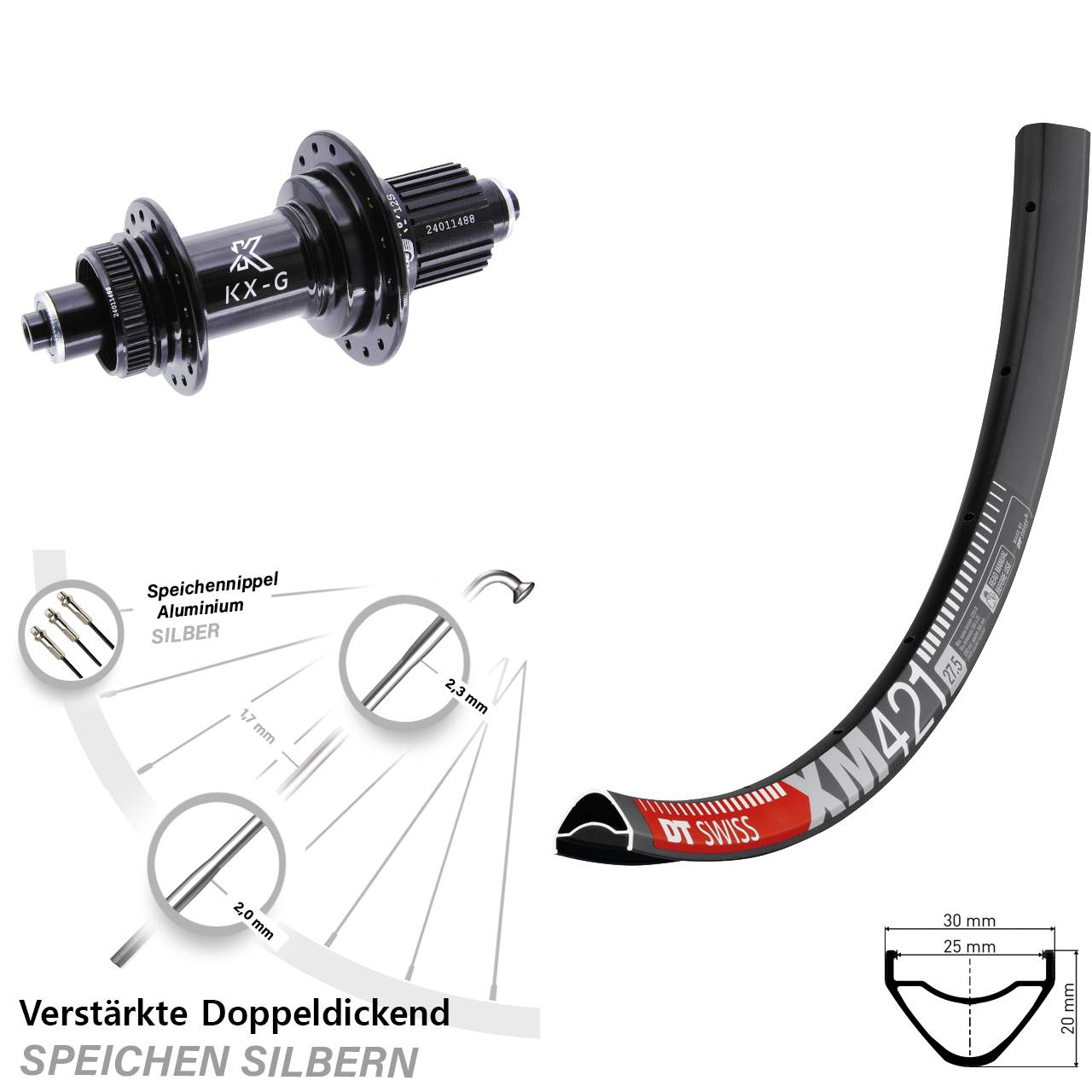 29 Zoll DT Swiss XM421 KX-G Centerlock Hinterrad für Schnellspanner Micro Spline