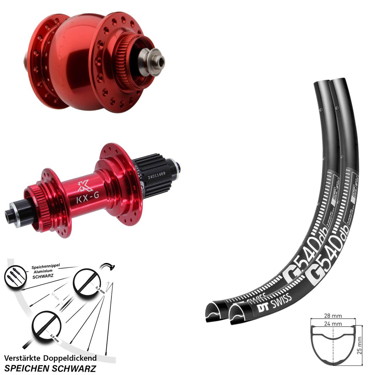 28 Zoll DT Swiss G540 KX-G SON delux rot Centerlock Laufradsatz QR Micro Spline