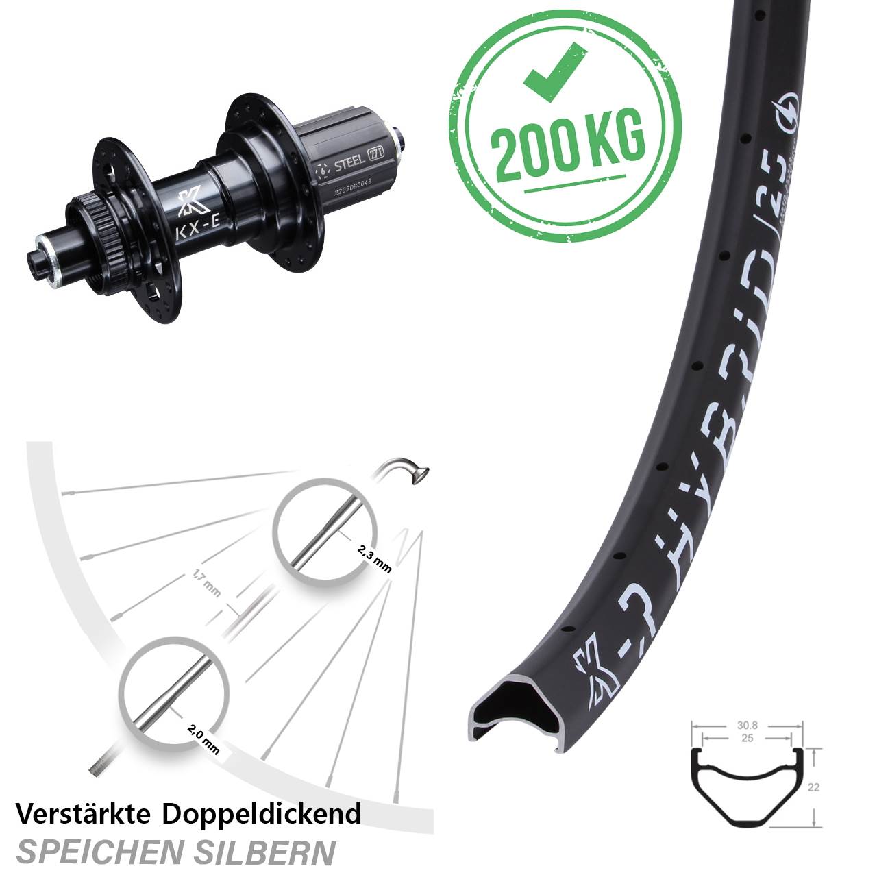 KX-E Hybrid 25 Centerlock Hinterrad 28-29 Zoll für Schnellspanner 8-12 fach