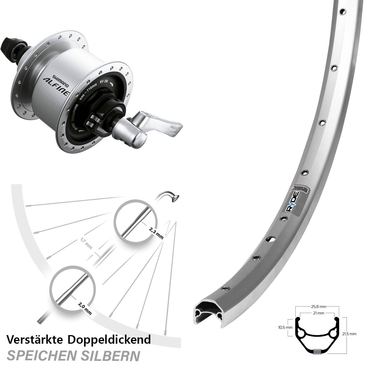 28 Zoll Vorderrad Ryde ZAC 421 Alfine DH-S501 silbern