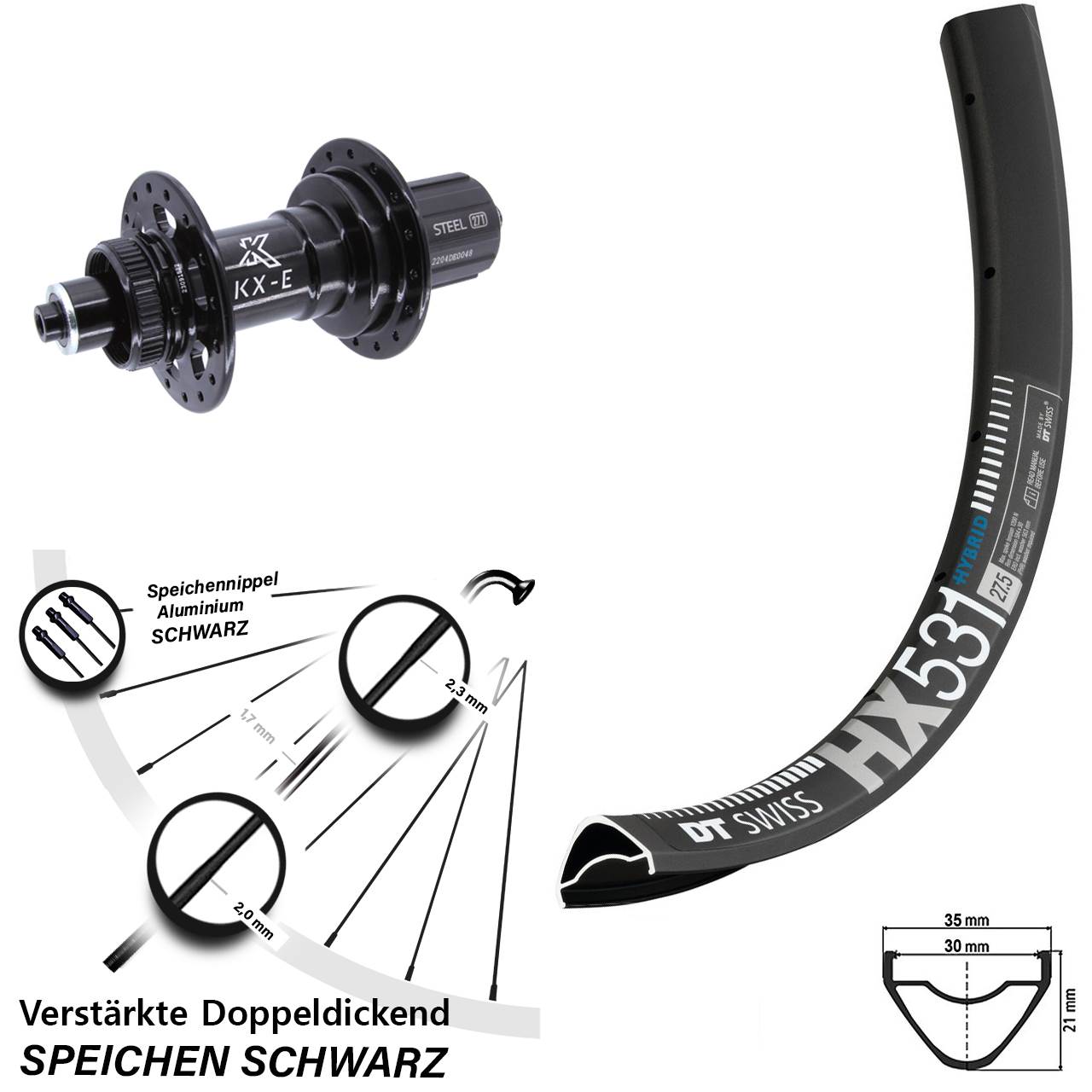 Centerlock Hinterrad 27,5 Zoll DT Swiss HX 531 KX-E 8-12 fach HG für Schnellspanner Boost