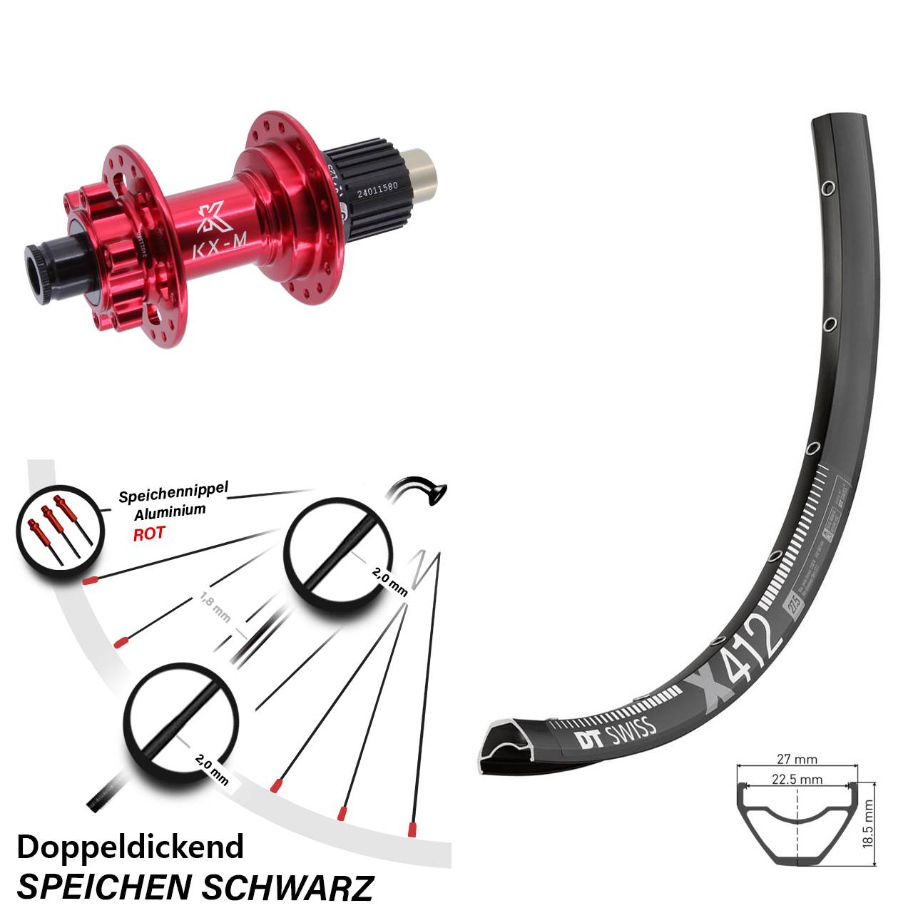 6-Loch Hinterrad 29 Zoll DT Swiss X 412 KX-M rot Micro Spline 12x142