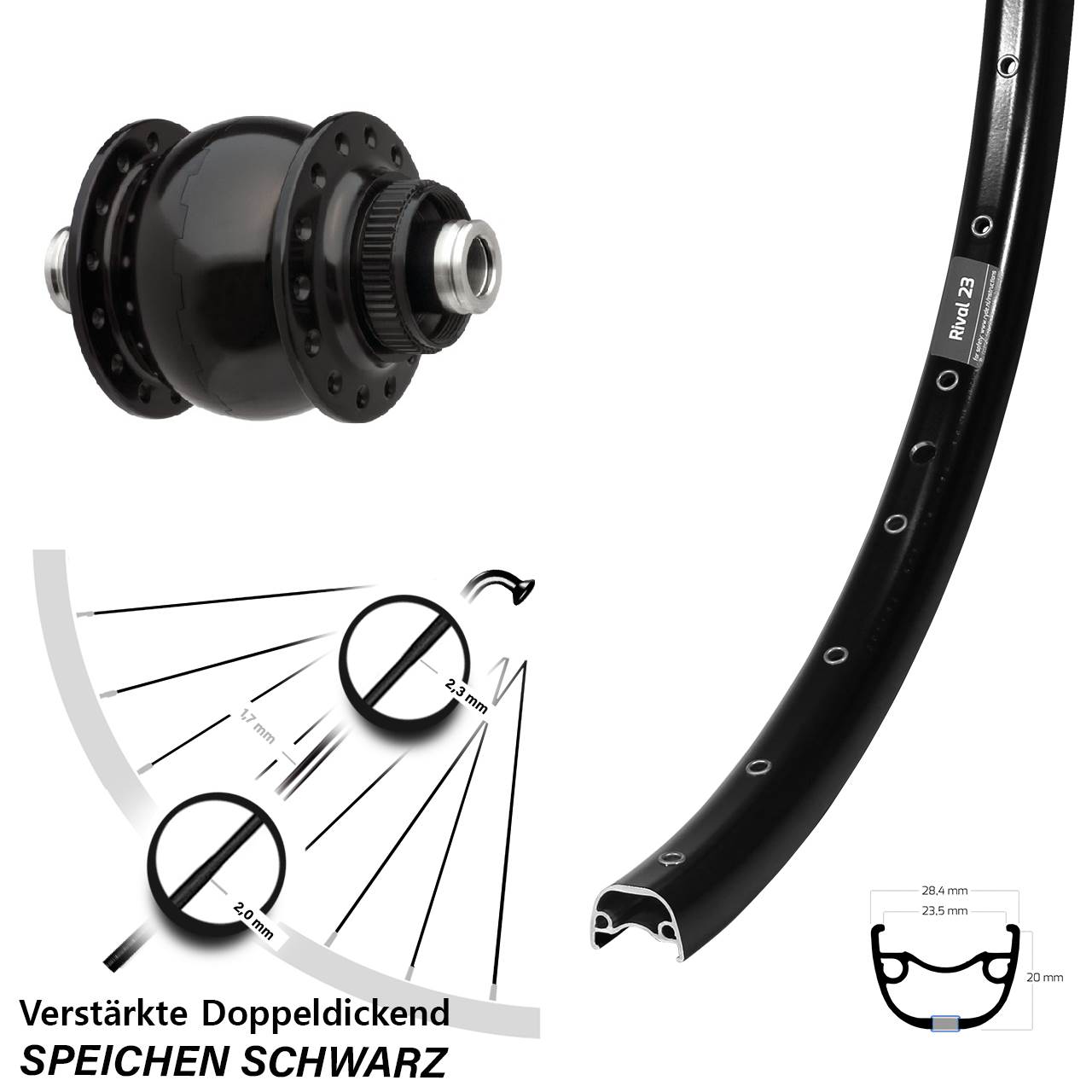 SONdelux Ryde Rival 23 650B Disc Laufrad mit Nabendynamo 12x100