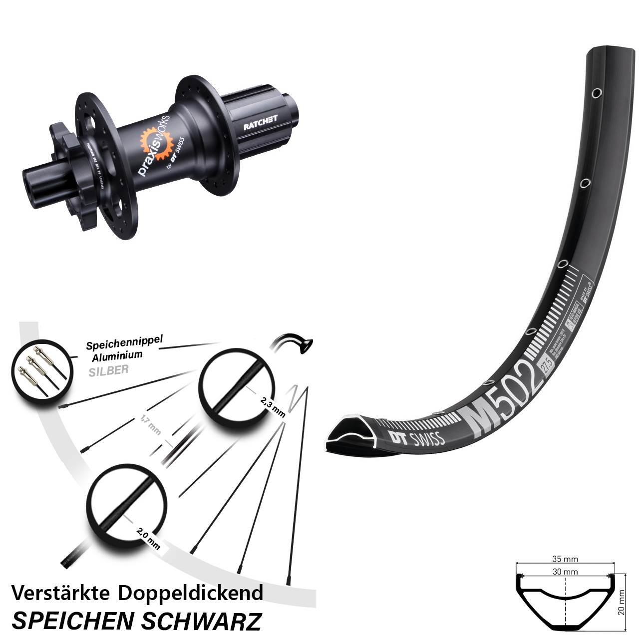 DT Swiss M 502-350 29 Zoll 6-Loch Hinterrad 12x142 8-11 fach HG