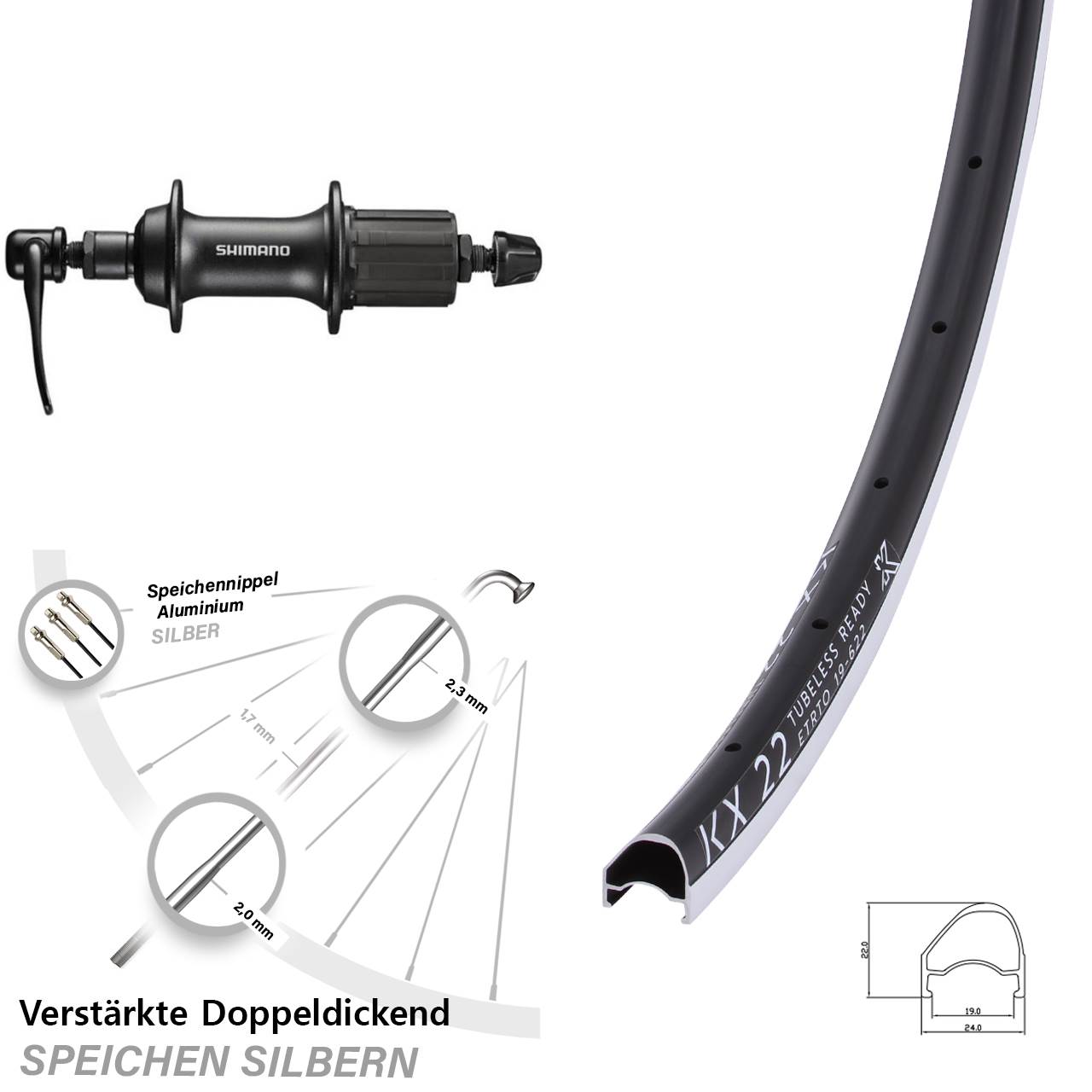 KX 22 OS Shimano FH-T3000 28 Zoll Hinterrad für Schnellspanner 8-11 fach