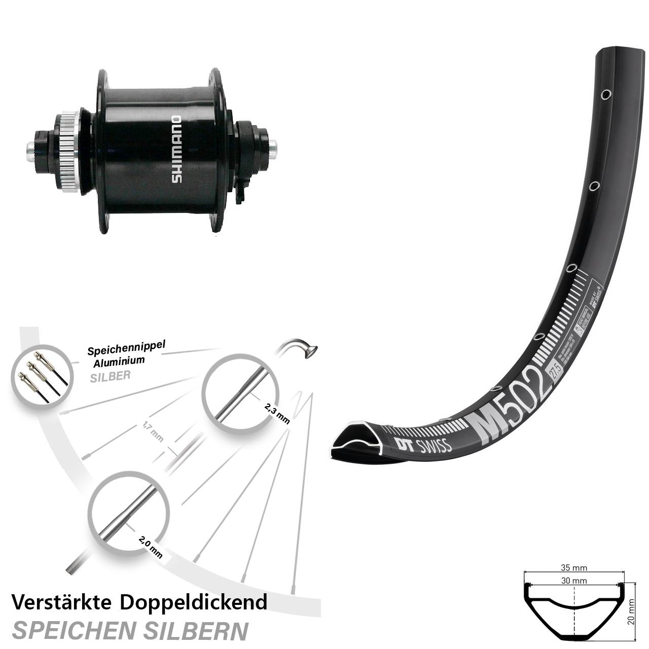DT Swiss M502 Shimano DH-UR700 29 Zoll Nabendynamovorderrad Centerlock für Schnellspanner