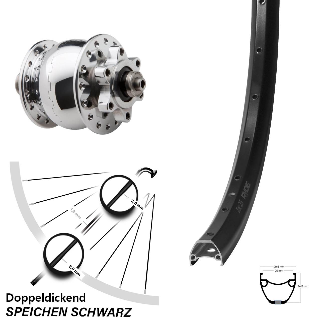 6-Loch Vorderrad mit Nabendynamo für Schnellspanner 29 Zoll Ryde ZAC 25 SON 28 poliert