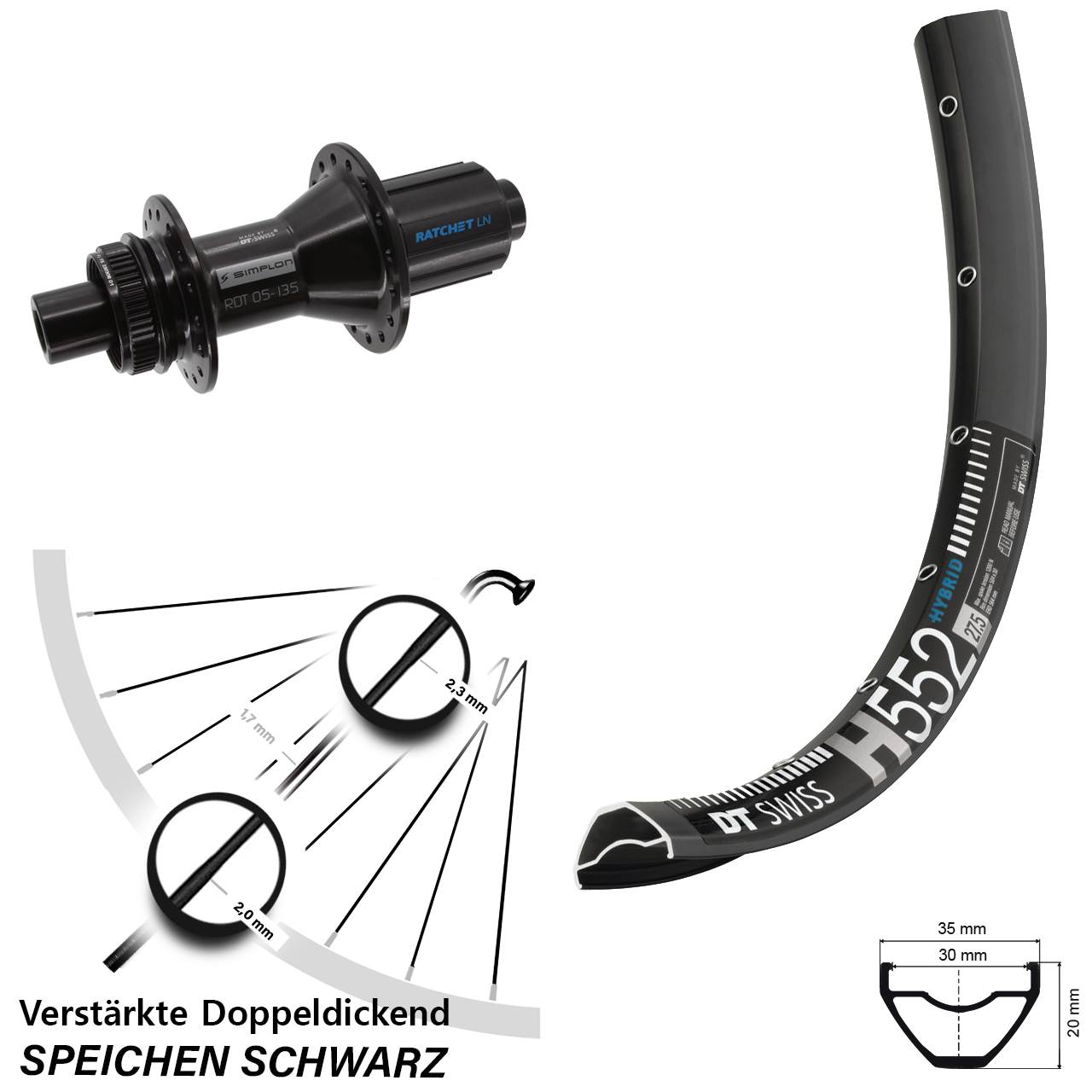 Disc Hinterrad 27,5 Zoll DT Swiss H552-370 Hybrid 8-11 fach 12x142