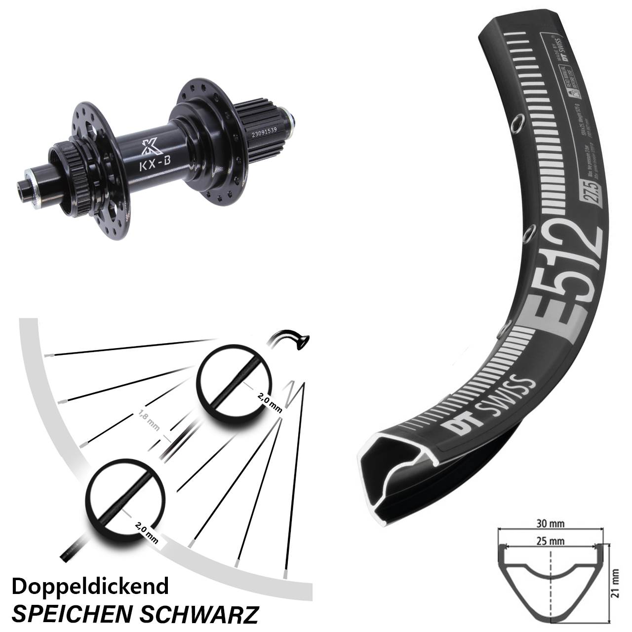 Laufrad 27,5 Zoll DT Swiss E 512 Disc KX-B Centerlock 5/141 Boost Micro Spline schwarz
