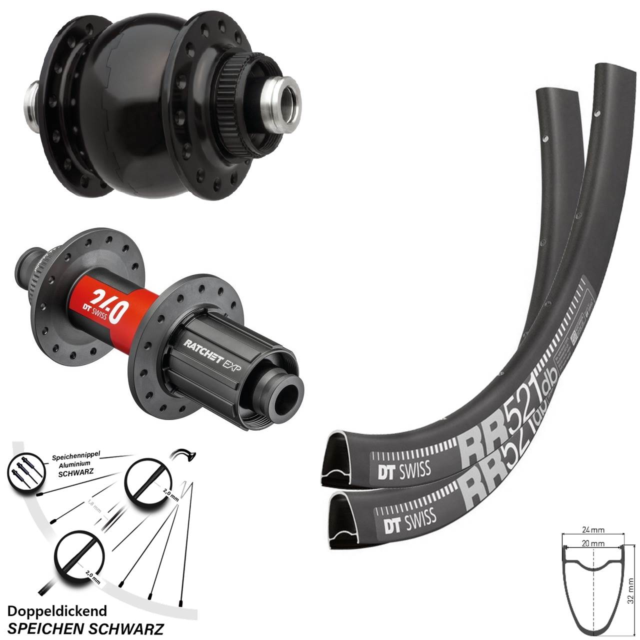 DT Swiss RR 521-240 EXP Road SON 28 Zoll Disc Laufrad-Satz 12x100/142 11-12 fach HG