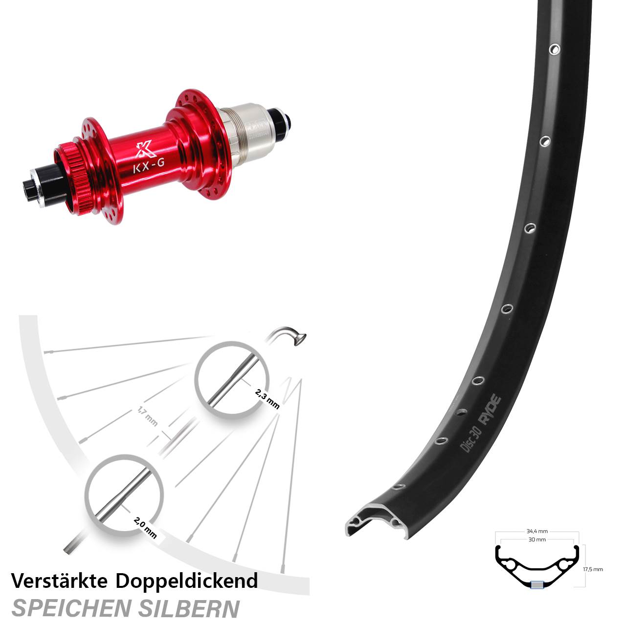 Ryde Disc 30 KX-G rot 29 Zoll Hinterrad für Schnellspanner XDR