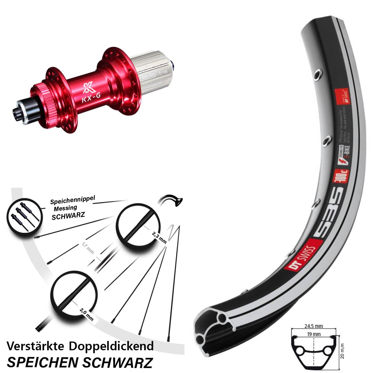 DT Swiss 535 KX-G rot 26 Zoll Hinterrad QR 8-12 fach
