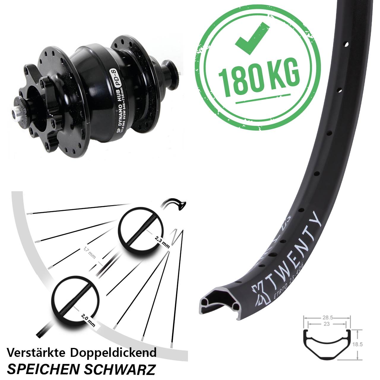 KX Twenty Shutter Precision PD-8 20 Zoll Disc Vorderrad mit Nabendynamo für Schnellspanner