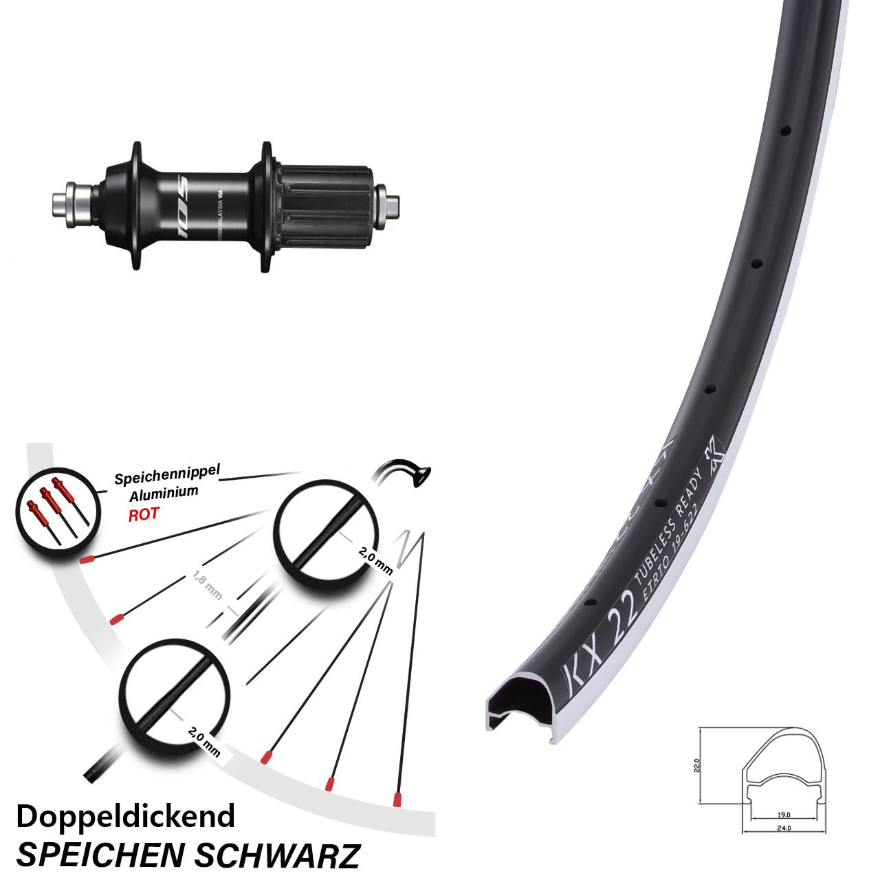 Hinterrad 28 Zoll KX 22 OS Shimano 105 8-12 fach HG QR