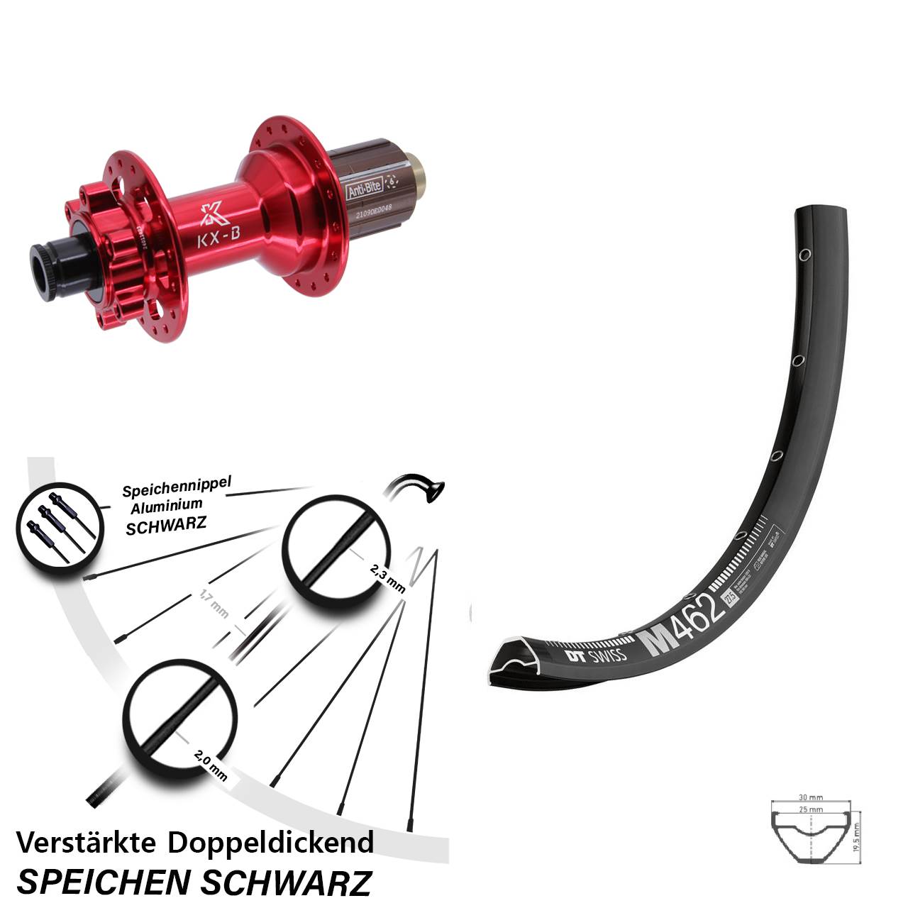 Boost Disc 27,5 Zoll Hinterrad 12x148 mm DT Swiss M462 KX-B rot 8-12 fach HG