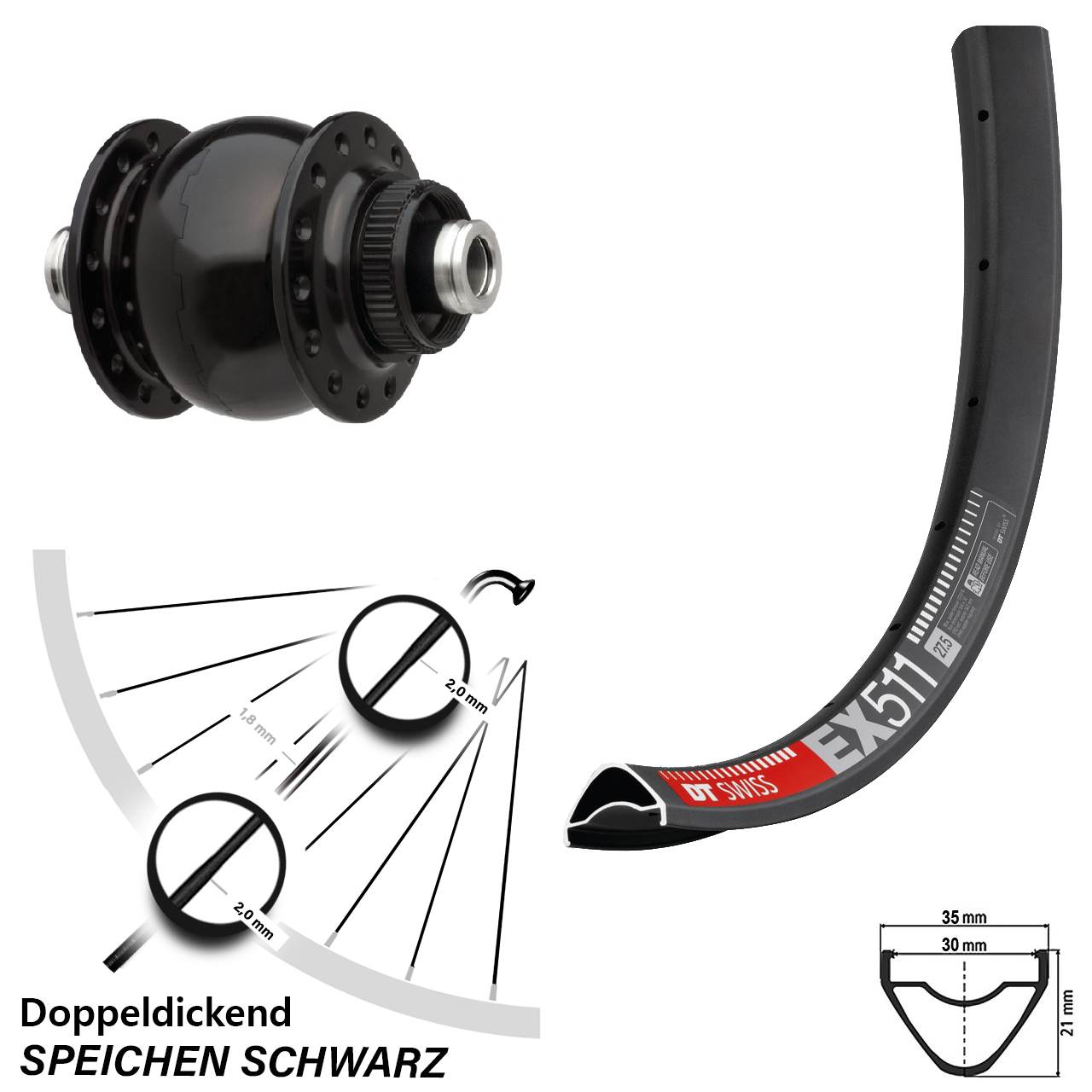 27,5 Zoll DT Swiss EX511 SON delux Disc Nabendynamolaufrad 12x100