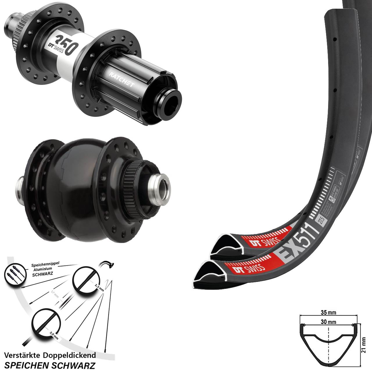 27,5 Zoll DT Swiss EX511 350 SON delux Centerlock Laufradsatz 12x100/142 11-12 fach HG