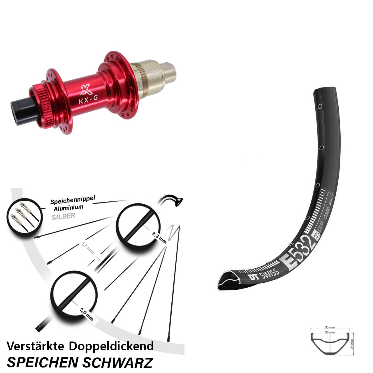 DT Swiss E 532 KX-G rot 27,5 Zoll Hinterrad Centerlock 12x142 XDR 11-12 fach
