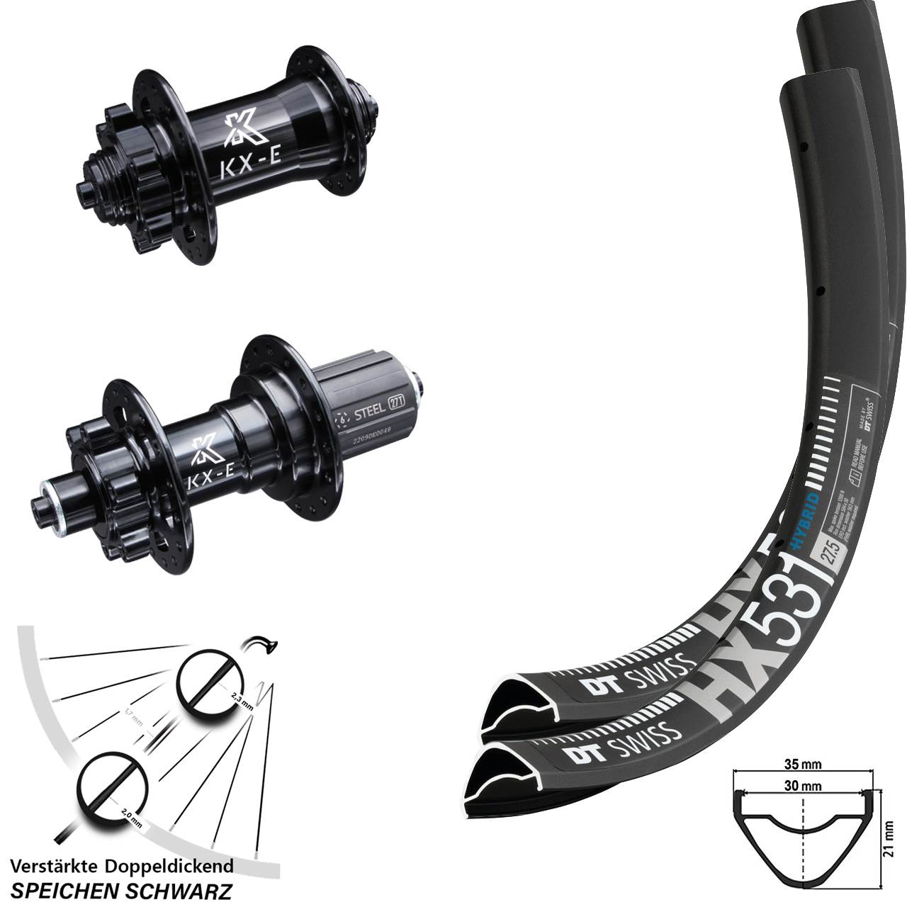 29 Zoll DT Swiss HX 531 KX-E Disc 6-Loch Stahl Freilauf Laufrad-Satz QR 8-12 fach HG